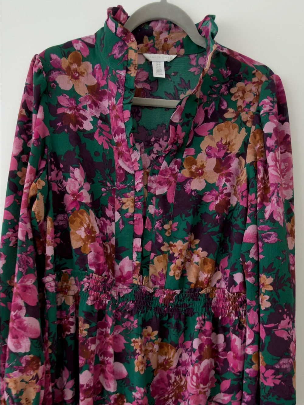 London Times Green Floral Dress with Pink & Purple Accents - Size 16